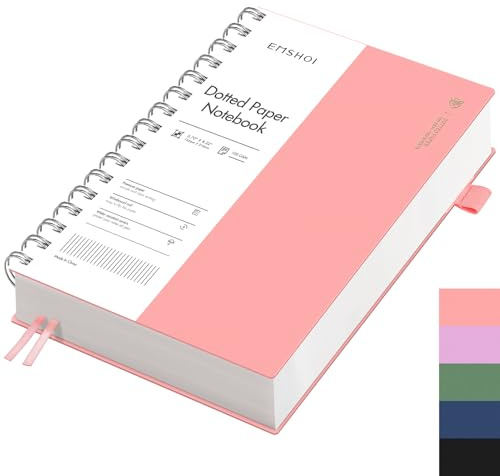 EMSHOI Notizbuch A5 Dotted, 100g/m², 300 Seiten - Rosa | Bullet Dotted Journal, PVC Cover, 180° flach, Innentasche, Stiftschlaufe, Lesezeichenband, für Büro Schule, 14.5 x 21cm