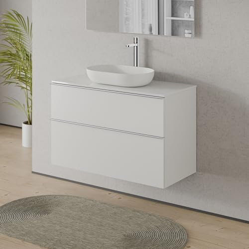 Bernstein Waschbecken-Unterschrank Lavoa 100cm in Weiß matt - Waschtischplatte: Weiß - Schrank mit 2 Schubladen, Griff in Chrom Soft-Close Hettich Metallauszüge, 5 Jahre Garantie