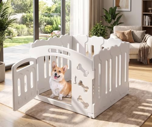 MAMIZO Welpenauslauf 60cm Hoch, Laufstall Hund 3+1 Platten Wetterfest | Plastik Welpenlaufstall, Faltbare Hundegitter mit Tor, Inkl. Saugnäpfe & Erdanker, Hundekäfig für Zuhause und Outdoor, Weiß