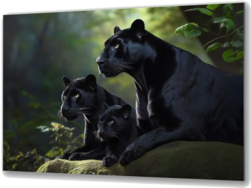 UVTECHPRINT Glasbild Wandbild Heimdekoration Schwarzer Panther mit Jungem Tiere 90x60 cm Wohnzimmer Kunstdruck Bilder auf Glas