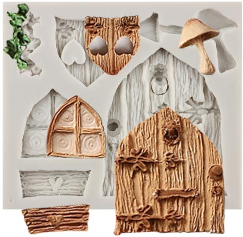 MINFEIDMS Silicone Fondant Mould in Enchanted Vintage Style with Fairy Garden Fairy Gnome Home Window Door for Decorating Cakes Cupcake Toppers Gum Paste Candy Polymer Clay