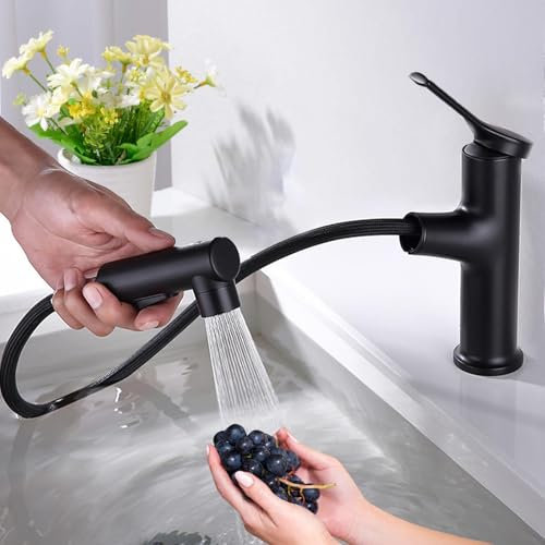 Wasserhahn Bad, Waschtischarmatur mit Herausziehbarer Brause, Armatur Badezimmer mit 3 Wasserstrahlarten, Einhandmischer Mischbatterie Bad, Wasserhahn Ausziehbar(Schwarz)