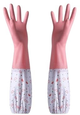 UALXPAO Cleaning Gloves Velvet Rubber Dish Washing Gloves Waterproof Elastic Cuffs Housework Gloves Latex Long Sleeve Winter Cleaning Gloves(Pink-B)