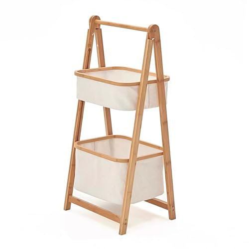 WLCNYL 2 Tier Fold Out Hamper Shelf Storage - Foldable Natural Bamboo Wooden Organizer Removable Baskets for Bedroom Bathroom Laundry Clothes Towels(White)