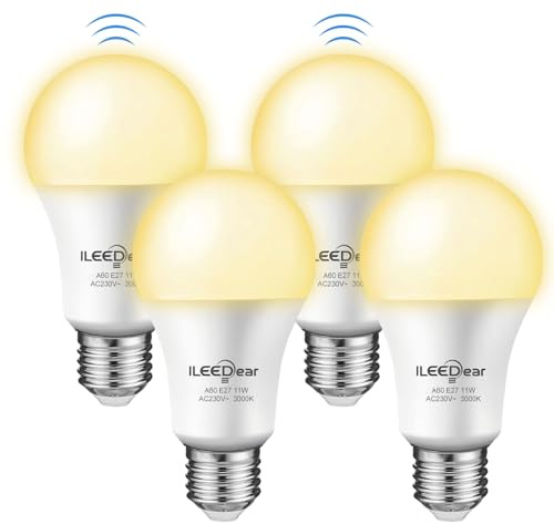 ILEEDear LED Glühbirne E27 mit 5,8 GHz Radar-Bewegungsmelder, 11W Warmweiß 3000K – für Terrasse, Garten, Eingang & Flur (4er Set). Primär für den Außenbereich empfohlen.