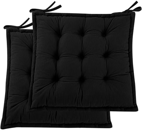 PRIMEPATIO Sitzkissen für Esszimmerstühle, Garten- und Küchenstuhl, Sitzkissen mit Bändern, weich, getuftet, geschredderter Schaumstoff-Stuhlkissen für drinnen und draußen, 50 x 50 cm, Schwarz, 2