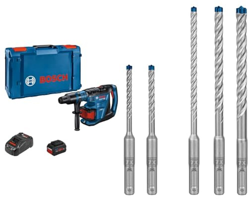 Bosch Professional 18V System BITURBO Akku Bohrhammer GBH 18V-40 C (inkl. 2x Akku ProCORE 5.5.Ah, Schnellladegerät, Maschinentuch) + 5x Expert SDS plus-7X Hammerbohrer Set (für Stahlbeton, Ø 5-10 mm)