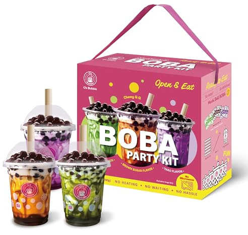O's Bubble BOBA Party Kit 3.0 (sans micro-ondes) – Kit de thé Boba exclusif Amazon – Service à thé aux perles tout-en-un avec boba à mâcher – Saveurs mélangées – Comprend des tasses, des pailles et un
