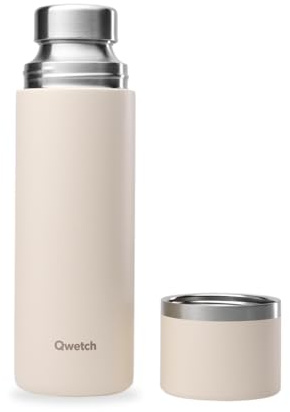 Qwetch – Thermo Isolierflasche aus Edelstahl 750 ml – Thermo mit recyceltem Edelstahl-Trinkbecher – 24h Kalt und 12h Warm – Dicht, ideal für Kaffee und Tee – Sand