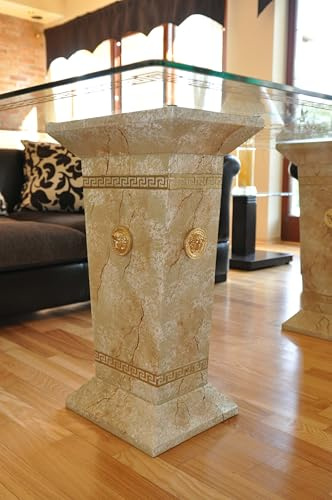 Argo Decor Tavolo con colonne in marmo antico, Ornamenti dorati, Piano rettangolare in vetro, H: 0,7 m
