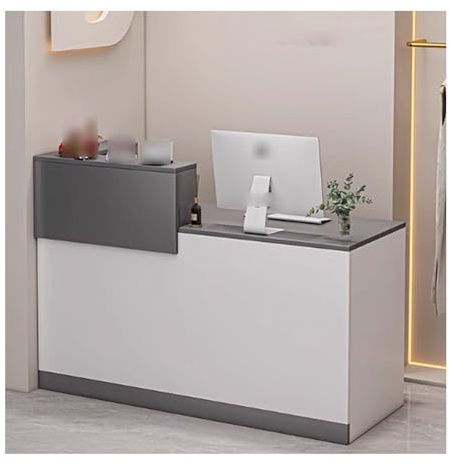 Piccola scrivania moderna per ricevimenti con armadietto, bancone anteriore in piedi per hall dell'ufficio e salone di bellezza, lato destro grigio ferro, 140 cm, soluzione salvaspazio elegante
