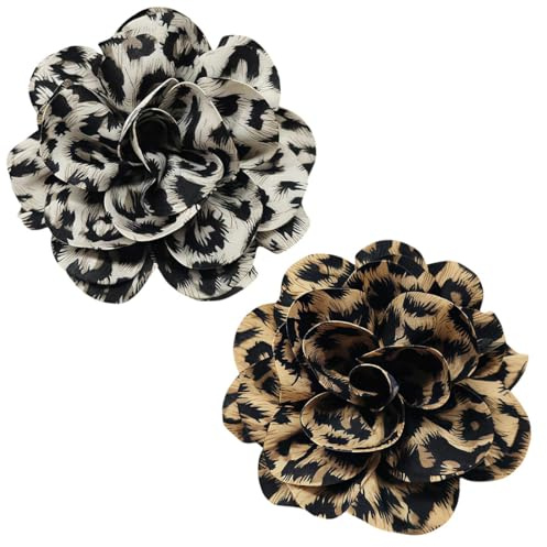 WUYJI Broches et pins pour femme, 2 pièces de broches à fleurs broches à imprimé léopard en satin broches à fleurs élégantes épingles à cheveux double usage (gris clair, kaki)