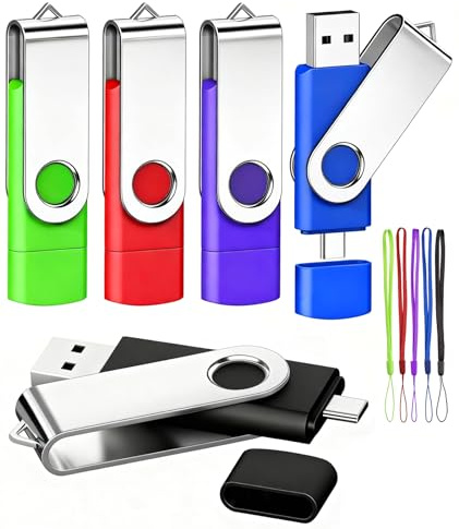 AGECASH 8GB USB-C Dual Flash Drive 5 Pack | 2-in-1 USB A + Type C Flash Drives USB C Thumb Drive USB 2.0 FAT32 USBC Memory Stick USB Jump Drives 8GB