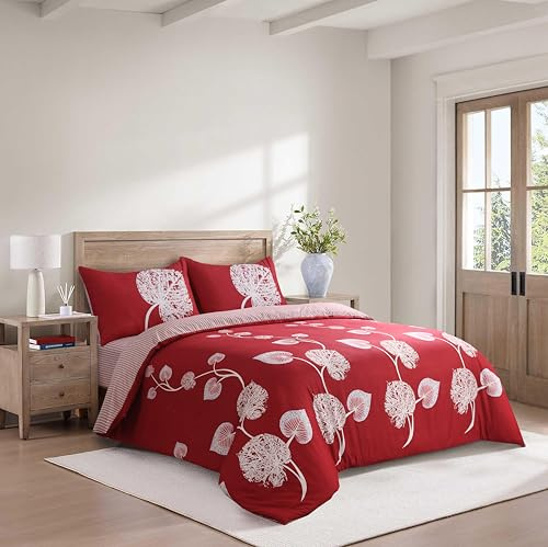 CHARKHAH 4 Piece Complete Bedding Set – Microfiber Reversible Duvet Cover, Deep Fitted Sheet & 2 Pillowcases | Soft, Breathable & Elegant - MF-QA-COM-SET-KING-LOVEINSLEEP-RED