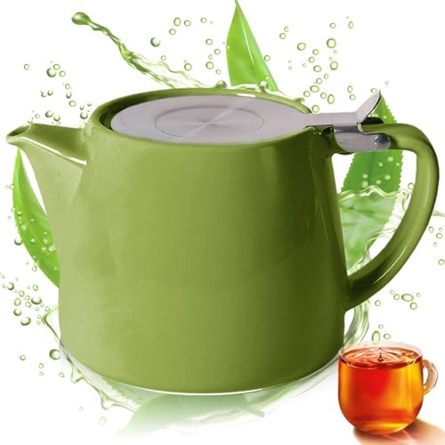 Tekanna med sil 500 ml, keramisk tekanna grön med avtagbar tesil i rostfritt stål, porslin tekanna för löst te och tepåse (grön)
