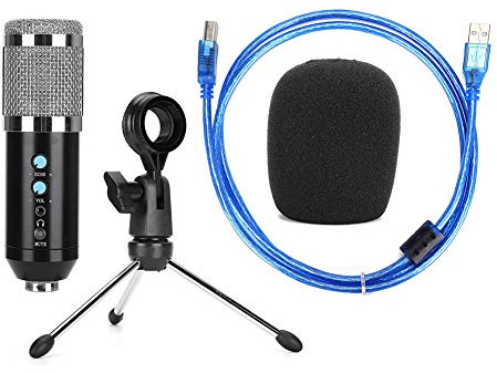 OPSDKVKS Microfono a condensatore con supporto treppiede, microfono da tavolo USB per PC, microfono ad angolo regolabile ad alta sensibilità con direttività supercardioide, riverbero (Argento)