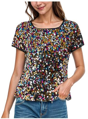Damen Pailletten Tops Glitzer Rundhals Kurzarm Shirt Disco Party T Shirts Tunika Bluse Paillettenbesetztes Pailletten Crop Top Kurzarm Glitzer Shirt T Shirt Glitzerndes Partyshirt Karneval Kleidung