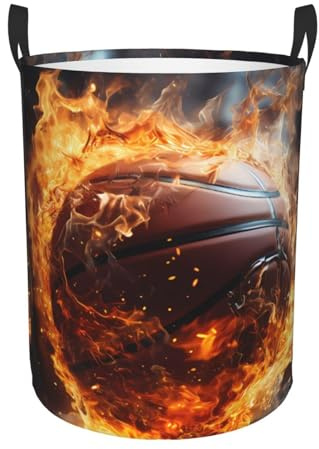 Basketball on Fire and Water Flame Splashing Laundry Basket Medium Waterproof and Stain Resistant Easy to Store for Home or Dormitory Use