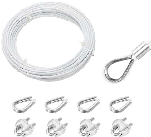 QUARKZMAN 10 Meter x 3mm Drahtseil Edelstahl, Stahlseil Spanndraht mit 4 x Drahtseilklemme und 4 x Kauschen, Edelstahlseil 304 Gardinenseil Wäscheleine für Kletterpflanzen, Weiß