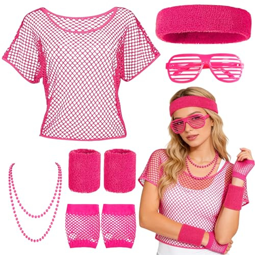 UJBVCX 80er 90er Jahre Outfit Damen Set, Netzoberteil Tops, mit Stirnband Netzhandschuhe Armbänder, Kostüm Accessoires für Retro Neon Karneval Fasching Party