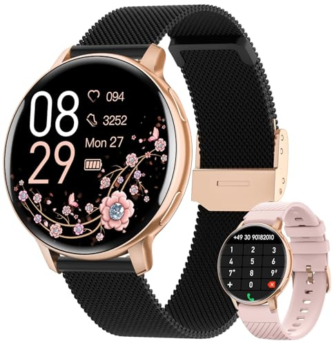 Oliimptek Smartwatch Damen Rund, iOS Android Schwarz Gold | 1.39 HD Fitnessuhr Telefonfunktion, 120+Sportmodi Herzfrequenz Schlafmonitor SpO2 Uhr Damen, IP68 Wasserdicht Schrittzähler
