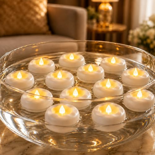Lot de 24 bougies LED flottantes activées par l'eau, bougies flottantes sans flamme, adaptées pour vases en verre, mariages, Noël, fêtes de piscine, décoration de table, lumière jaune chaude