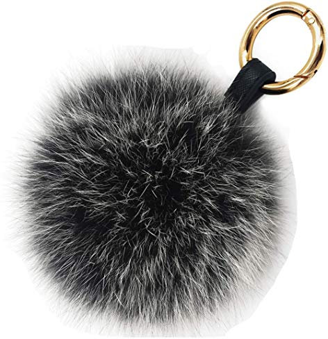Damen Fuchspelz Pom Pom Ball Echtfell Fell Pelz Bommel Schlüsselanhänger Taschenanhänger Schlüssel- Taschen- Fellanhänger Pelz-Anhänger für Handtaschen, Rückspiegel im Auto (schwarz mit weißer Spitze)