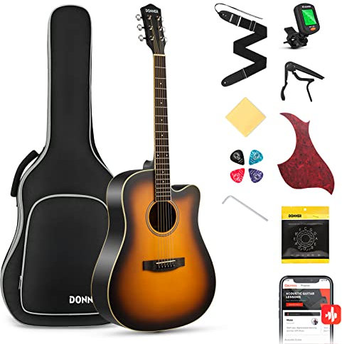 Donner Gitarre Akustik Anfänger Erwachsene Akustikgitarre Cutaway Kit Einsteiger 4/4 Dreadnought 41 Zoll Gitarren mit 6 Saiten Gigbag Capo Plektren Gurt (Sunburst）