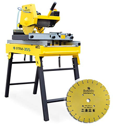 BAMATO Steinsäge STRM-355 | mit Fahrwerk & Diamanttrennscheibe | Schnittlänge: max. 700mm | 2200 Watt Leistung | mit Wasserpumpe | inkl. Sägeblatt 350mm/30mm Bohrung | Steintrennmaschine