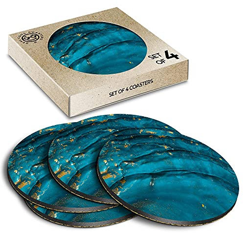 4 x Eco Boxed Cork Coasters - Blue Teal Turquoise Ink Art Drink Cup Mug Glass Table Mat #2094