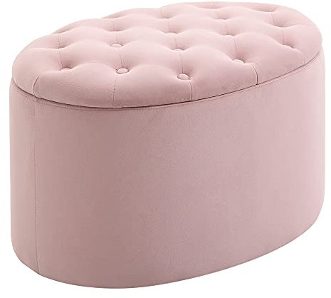 HOMCOM Pouf Contenitore con Coperchio Imbottito e Trapuntato, Poggiapiedi in Velluto Ovale per Salotto e Camera da Letto, Rosa