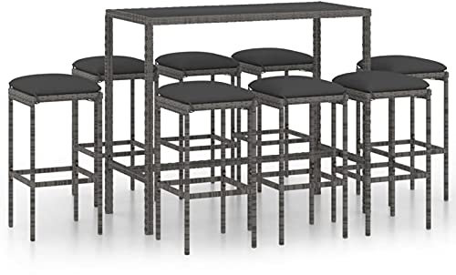Susany Gartenbar Set 9-TLG. mit Kissen Theke Bar Tresen Gartentheke Bartisch Stehtisch Barhocker Barstuhl Gartenmöbel Poly Rattan Grau