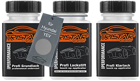 TRISTARcolor Autolack Lackstifte für Hyundai YEV Hyper Silver Metalli. +1K | Hyper Silver Metallic Mat, Set aus Grundlack + Basislack + Klarlack, Lackfläschchen mit Pinsel, je 50ml