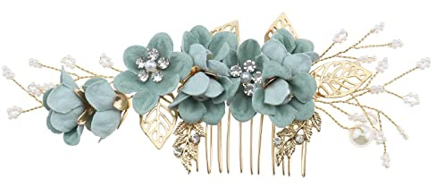 eMagTech Peigne à Cheveux de Mariée Fleur Côté Pinces à Cheveux en Strass Perle Bandeau Floral Outils de Cheveux Accessoires pour Mariage Mariée Demoiselle d'honneur, Vert