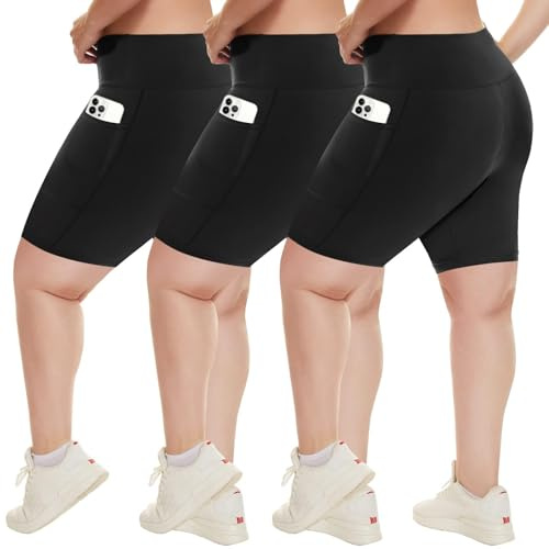 HLTPRO 3 Pack Plus Size Biker Shorts with Pockets for Women - 8 High Waisted Spandex Athletic Bike Shorts for Yoga Workout Black/Black/Black