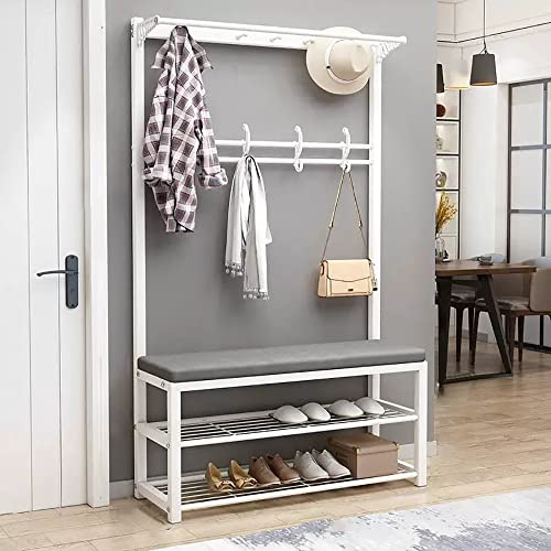 angroups Garderobenständer mit Sitzbank,Freistehende Garderobe mit Schuhregal 3 Ablagen, Kleiderständer aus Metall mit 6 Haken und Sitzfläche, Industriestil, 100x30x172cm Weiß