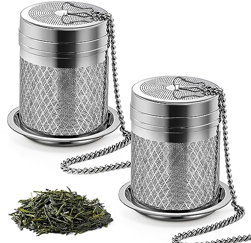 Yoassi Tea Infusers for Loose Tea, 2 Pack Extra Fine Mesh Tea Strainers, 18/8 Stainless Steel Loose Leaf Tea Steeper Tea Diffusers with Extended Chain Hook and Drip Tray