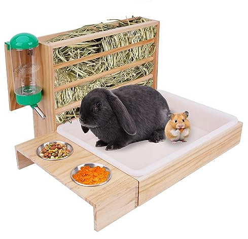 MOGOULUA 4 in 1 Heuraufe Kaninchen Holz Futterspender Heu Kaninchen mit Katzentoilette Wasserflasche Futternäpfe für Hamster Hölzerner Hasenfutterautomat Heuhaltergestell für kleine Haustiere