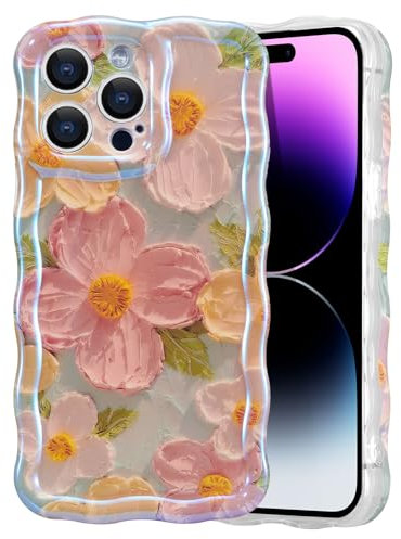 EYZUTAK Handyhülle für iPhone 15 Pro Max,Bunte Vintage Ölgemälde Blume Handyhülle mit Glitzer Laserblume Hülle Lockiges Silikon Case mit Anti-Kratzen Stoßfeste Schutzhülle Bumper Cover-Grün