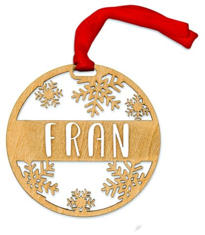 DEREGALOOS Bola de Navidad Personalizada con Nombre, de Madera con Copos de Nieve e Incluye Cordel de Raso Rojo. Adorno para el árbol de Navidad Personalizado de Madera. Regalo navideño Original