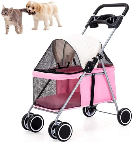 VECNUM 4 Hundebuggy Für Hunde Und Katzen, Faltbarer Hundewagen, Hunde Jogger Buggy Katzen Wagen,Haustier Transportwagen, Bis 15 Kg,Rosa