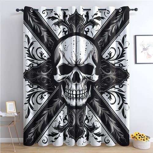 SZLYZM Vorhänge Totenkopf, Verdunkelungsvorhang 2er Set - Vorhang Blickdicht Horror Muster, Thermovorhang für Deko Wohnzimmer Schlafzimmer Kinderzimmer, Gardinen mit Ösen 220x140 cm (HxB) (W2-&38)