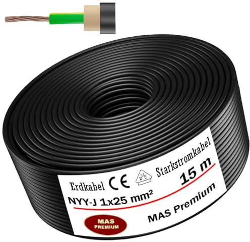 MAS-Premium Erdkabel Deutscher Marken-Elektrokabel Ring zur Verlegung im Erd- und Außenbereich Standard Starkstromkabel (NYY-J 1x25 mm², 15m)