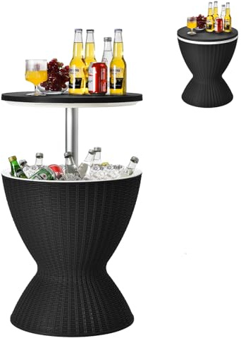 SOARS 3 in 1 Cool Bar höhenverstellbar, 30L Kühlbox in Rattanoptik, Beistelltisch mit abnehmbarem Deckel & Ablassöffnung, Getränkekühler bis 75kg belastbar, zum Kühlen von Bier, Wein (Schwarz)