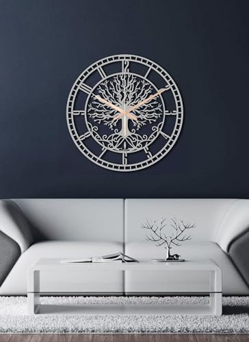 FAWdecor Grande orologio da parete rotondo in metallo con albero della vita, silenzioso, senza ticchettio, orologio decorativo al quarzo, funzionamento a batteria, orologio silenzioso per la casa