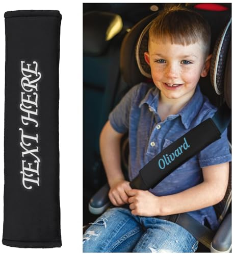 Gurtpolster Kinder,Gurtschutz Kinder Auto,Gurtpolster kindersitz, Schön Weich und Langlebig für Autogurt Polster,Schulterpolster Rucksack,Velour Stickerei mit Namen Klettverschluss(Schwarz)