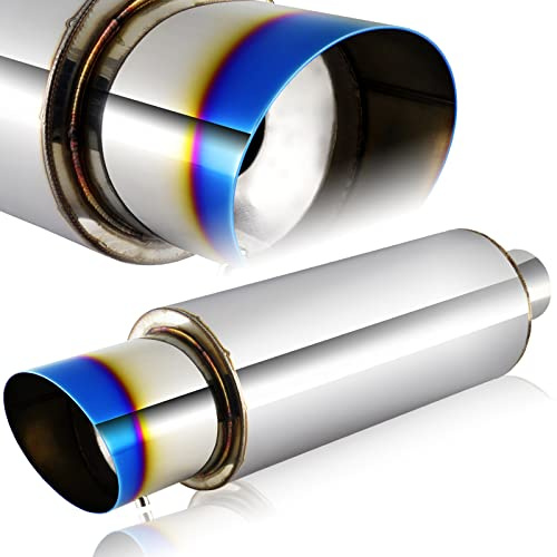 Universal 4 Outlet JDM N1 Style Muffler Hi Flow Stainless Steel Weld-On 3 Inlet, Slant Tip Muffler, Removable Silencer Pre-attached, Deep and Smooth tone (Blue Burnt)