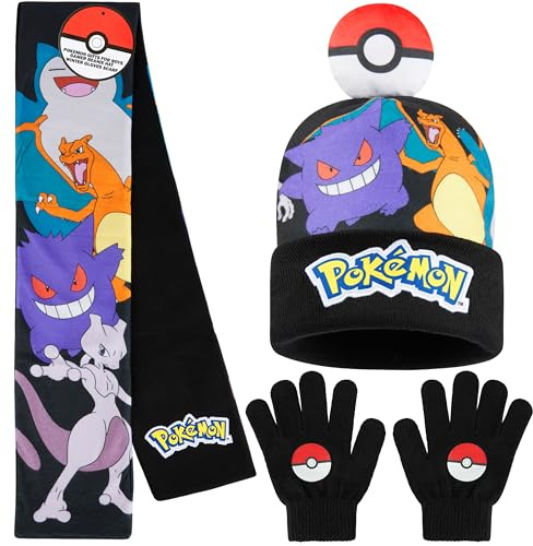 Pokémon Conjunto Bufanda Gorro y Guantes Niño o Guantes y Gorro, Accesorios de Invierno, 4-12 Años, Pikachu Regalos de Anime (4-12 Años, Multi, 3 Pcs)