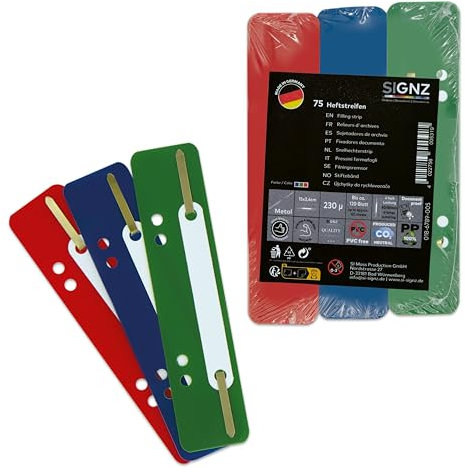 SIGNZ Heftstreifen Kunststoff (PP), 75 Stück, 25 x 3 Farben, recycelbarer Kunststoff (PP), CO2-neutral hergestellt, made in Germany (75 Stück, dunkel-blau, grün, rot)