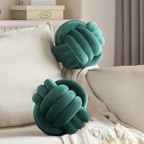 Wadser 2 Pcs Knot Pillows, Dark Green Plush Throw Pillow Knotted Ball Pillows, 8.6 Inches Handmade Round Knot Pillow Aesthetic Home Decorations